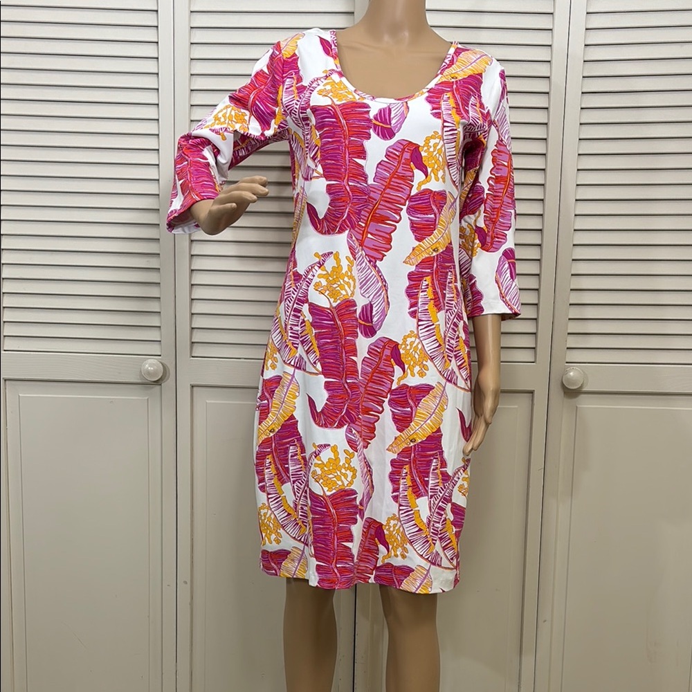Tuckernuck Persifor Pink and Orange Leaves Print Pullover Stretch Dress Large